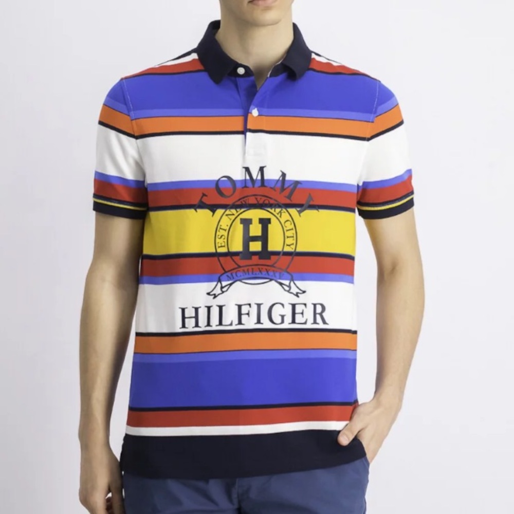 Tommy Hilfiger Big Logo Spellout Multicolor Stripe Polo Preppy Retro Y2K-Medium